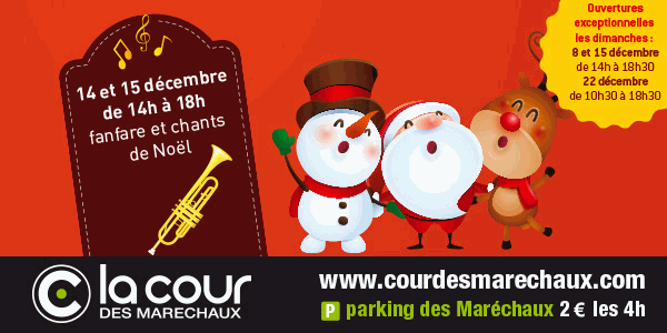 Animations les 14 et 15 décembre de 14h à 18h à la Cour des Maréchaux à Mulhouse avec fanfare et chants de Noël. Ouverture des commerces dimanche 15/12 de 14h à 18h30 et dimanche 22/12 de 10h30 à 18h30