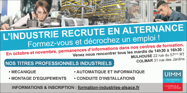 L'industrie recrute en alternance, avec le CFAI Alsace. En octobre et en novembre, rendez-vous tous les mardis de 14h30 à 16h30 dans les centres de Mulhouse et Colmar.