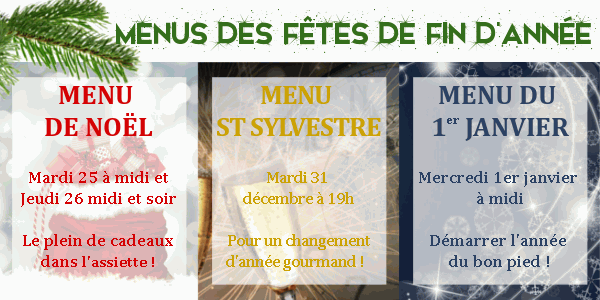 Menus de fêtes de fin d'année au restaurant 3 Länder à l'Euroairport Bâle Mulhouse : menu de Noël, menu de la St Sylvestre et menu du 1er janvier 