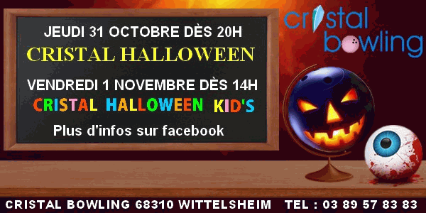 Halloween au Cristal Bowling Wittelsheim  : Soirée le jeudi 31 octobre dès 20h pour les plus grands, journée Halloween Kid's pour les enfants le vendredi 1er novembre dès 14h 