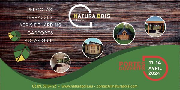 Natura Bois (pergolas, terrasses, abris de jardins, carports, kotas grill...) : découvrez toutes leurs installations lors des portes ouvertes du 11 au 14 avril 2024.